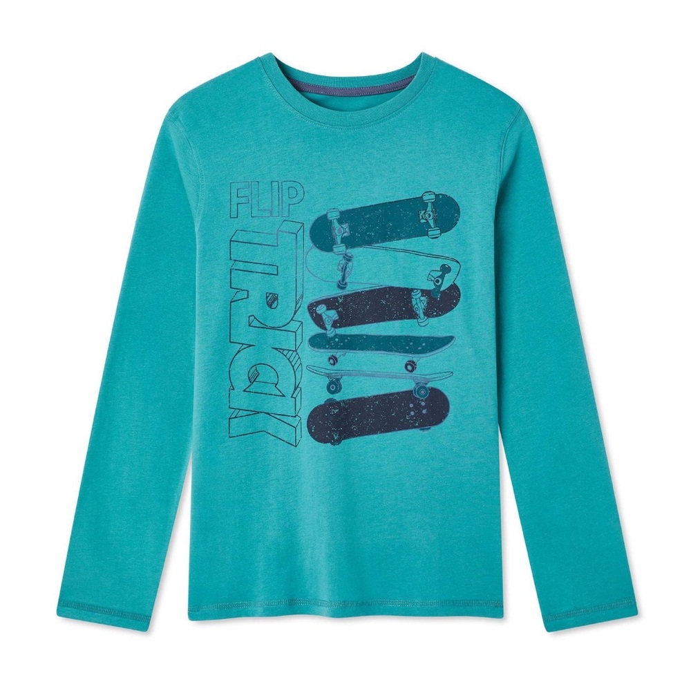 🛹 Boys Long-Sleeve T-Shirt - Printed Skateboarding Design - Blue / Teal 🛹